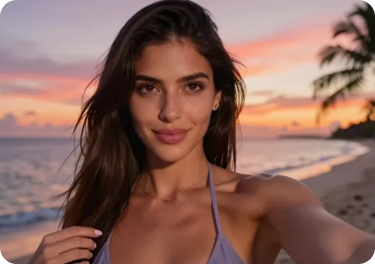 AI girlfriend taking a selfie at sunset on the beach